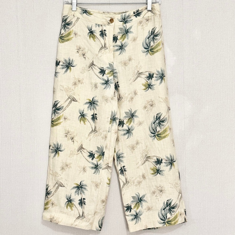 Vintage Rafaella Sport Linen Palm Print Cream Green Wide Leg Cropped Pants 6